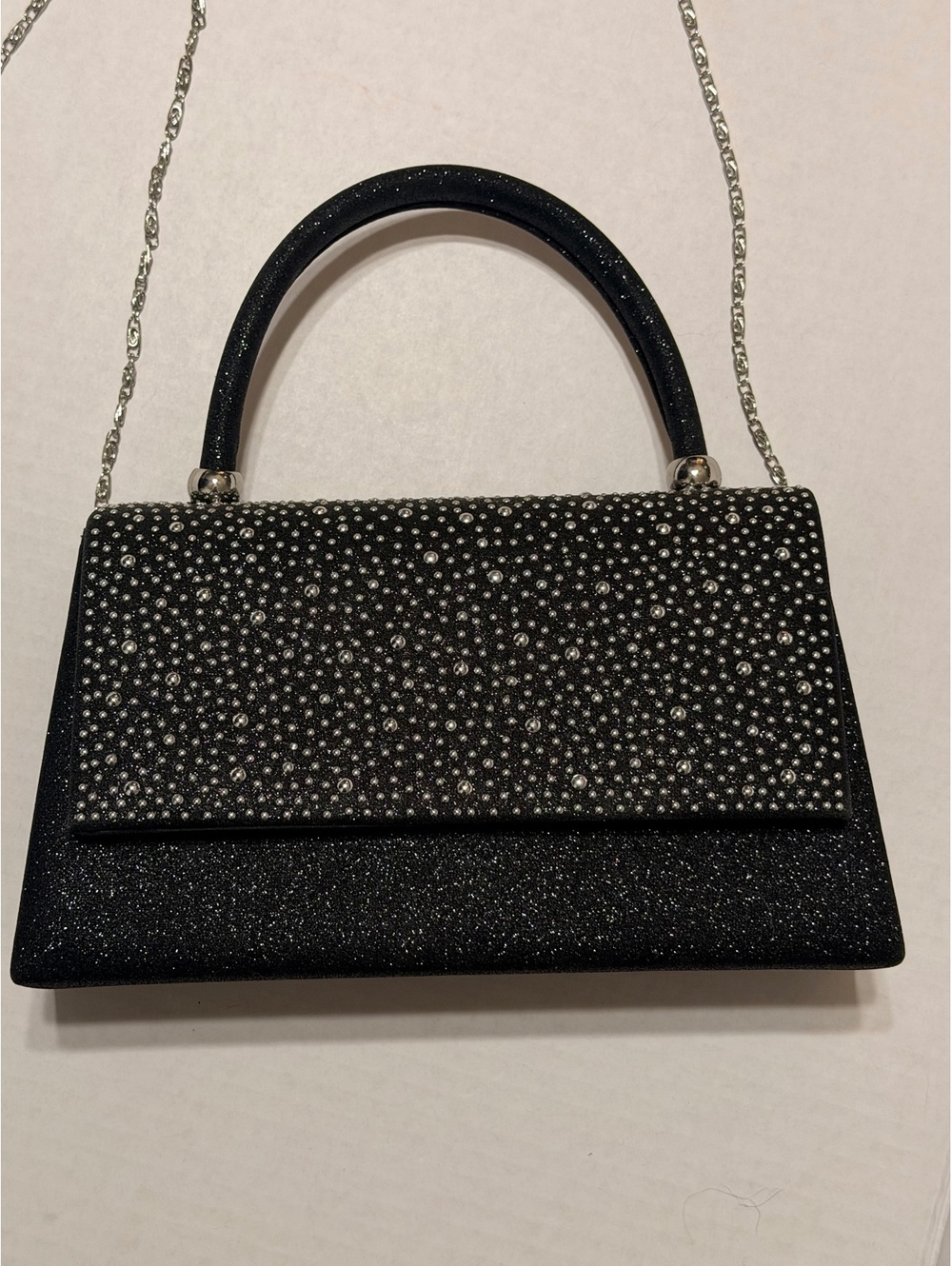 Black Glitter Rhinestone Evening Bag Purse Top Handle Silver Chain Formal